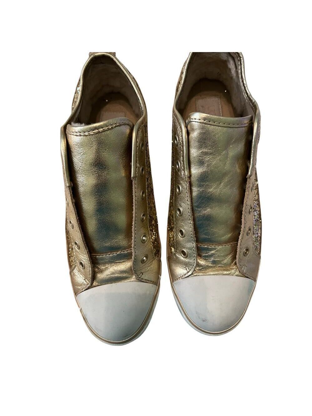 UGG Gold Glittery Tennis Shoes Lace Up w/White Leather   8​